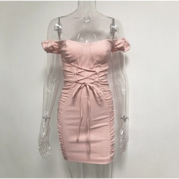 NewAsia Puff Sleeve Party Dress Women Summer Off Shoulder Sexy Bodycon Dress Corset Lace Up Tight Mini Ruched Dress Pink Dresses